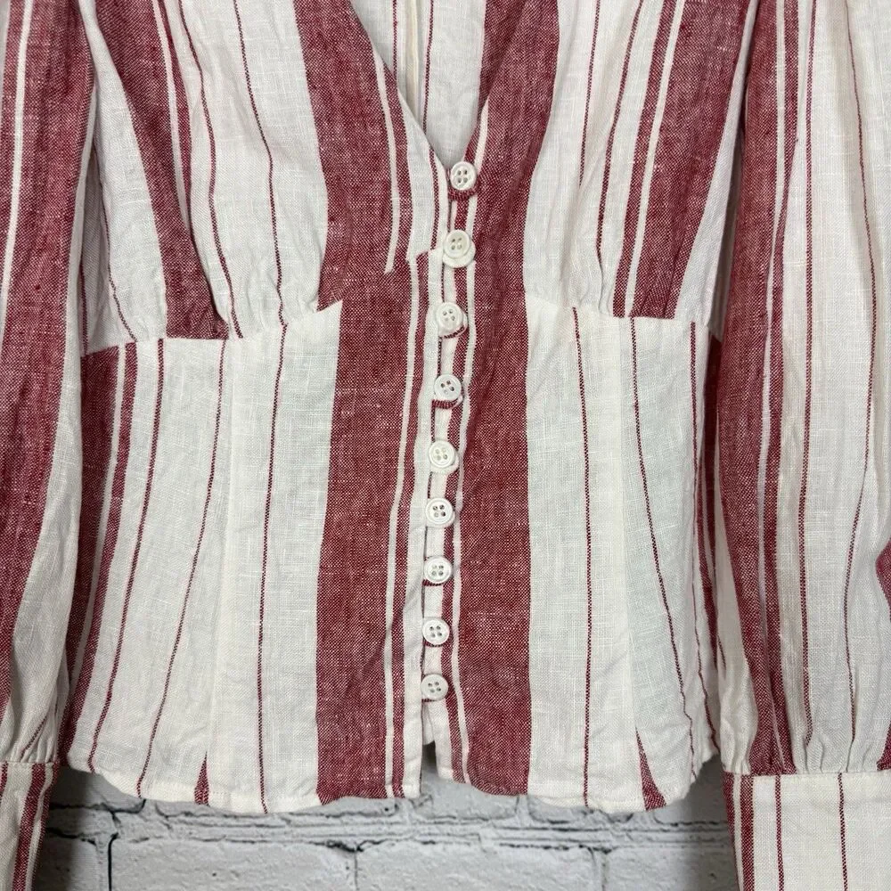 Reformation Finnegan Linen Striped Blouse Top White Red Stripe Size 4 Coastal